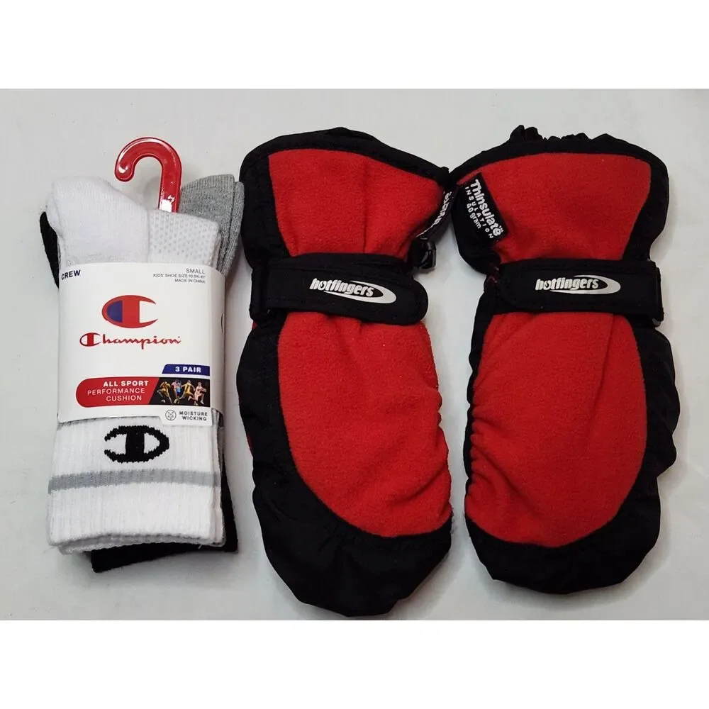 Champion Kids Socks 3‑Pack + Hot Fingers Mittens Bundle Small 10K–4Y